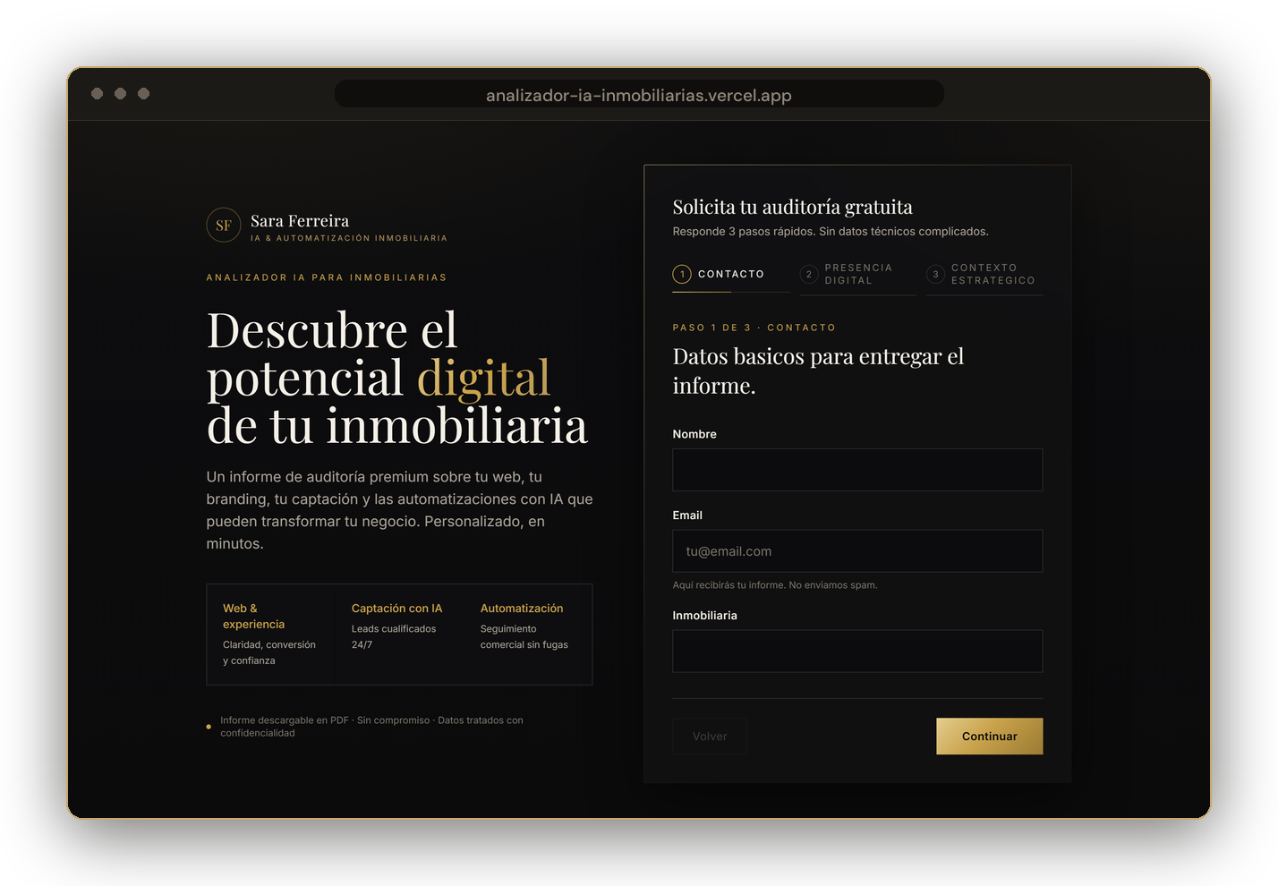 Diagnóstico de captación y experiencia inmobiliaria — Sara Ferreira: informe gratuito